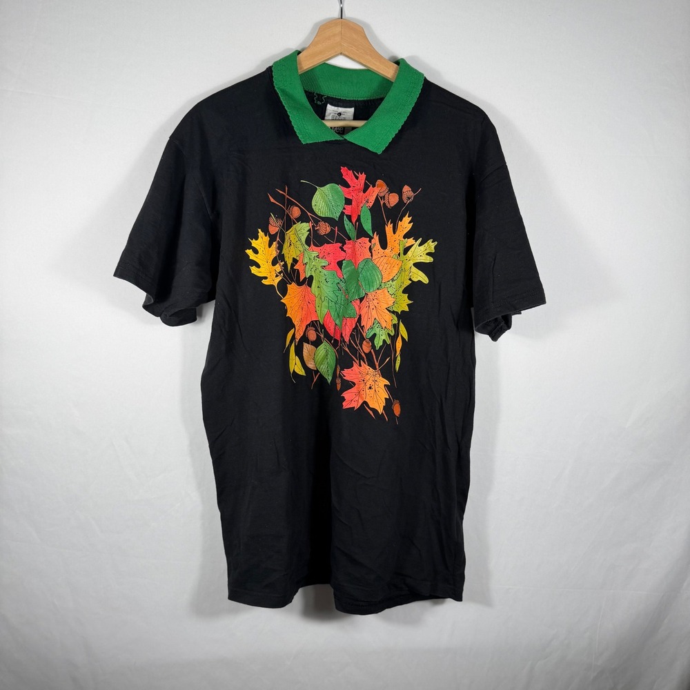 Vintage Lee Heavyweight Cotton Polo Shirt Fall Leaf Print Green Collar L